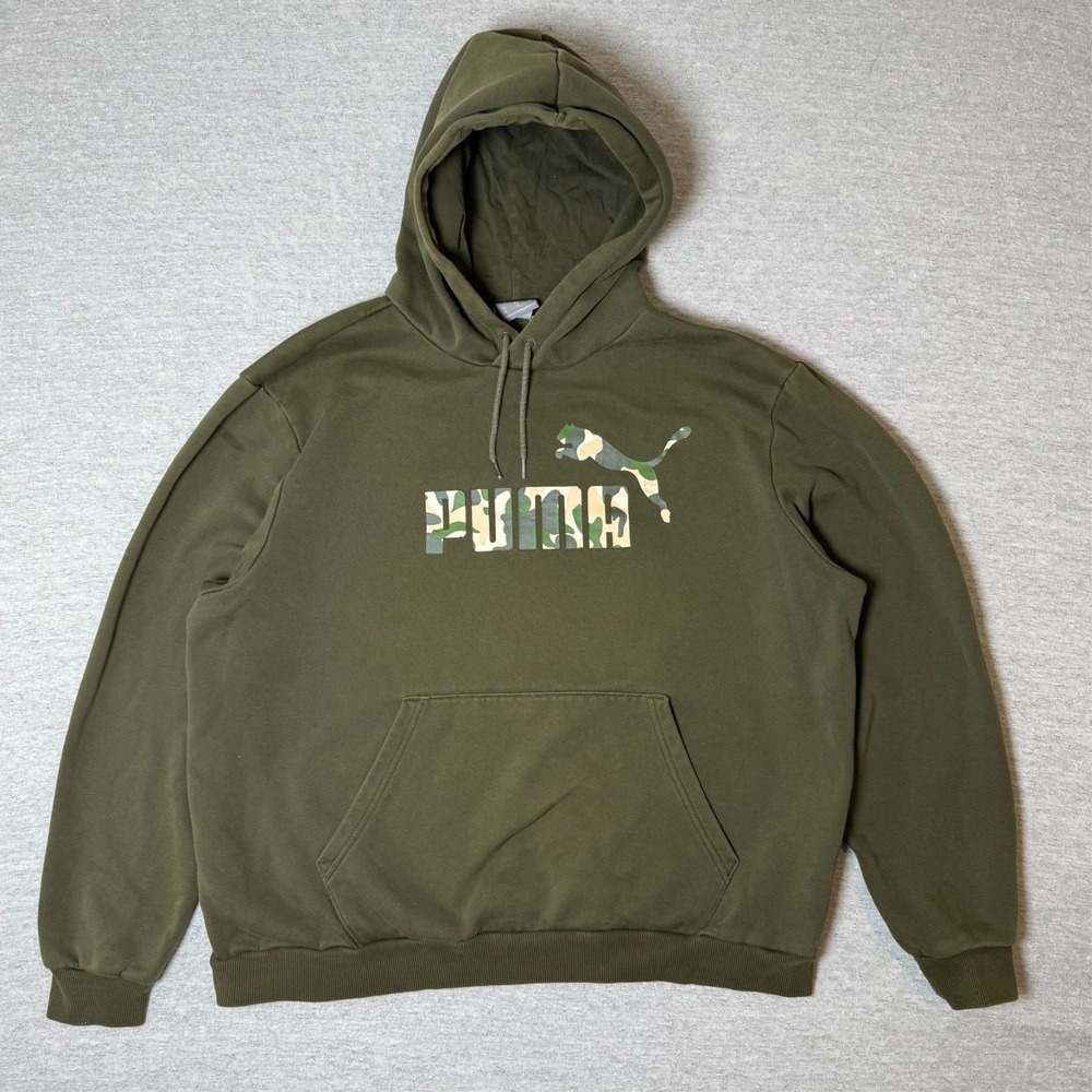 Puma Mens Hoodie Sweatshirt XL Olive Green Casual Pullover Camouflage Logo